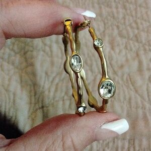 Beautiful Gold Tone Pierced Hoop Earrings with Crystal Details, 2+"